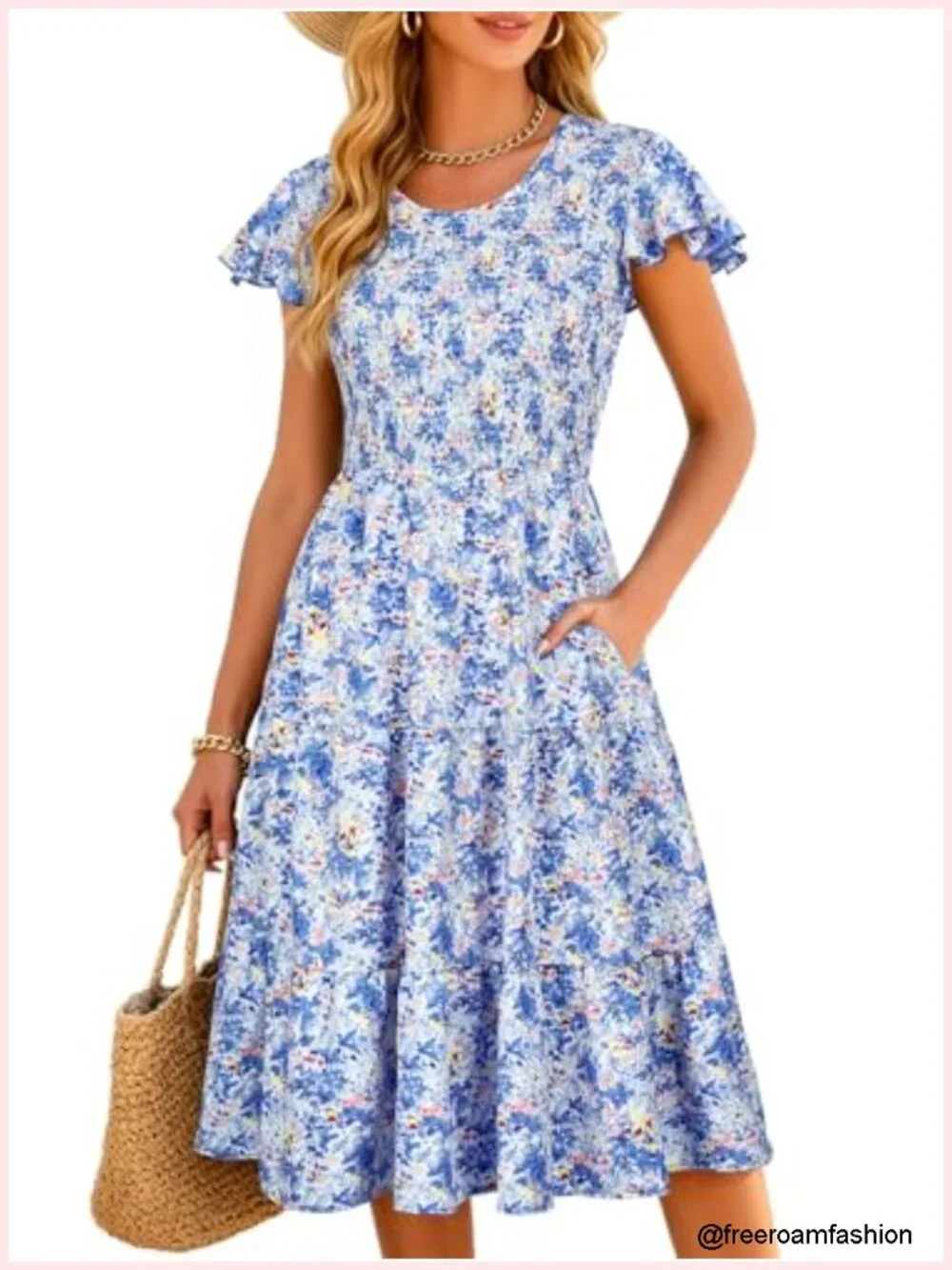 Boho Midi Sundress with Pockets Flutter Sleeve Scoop Neck